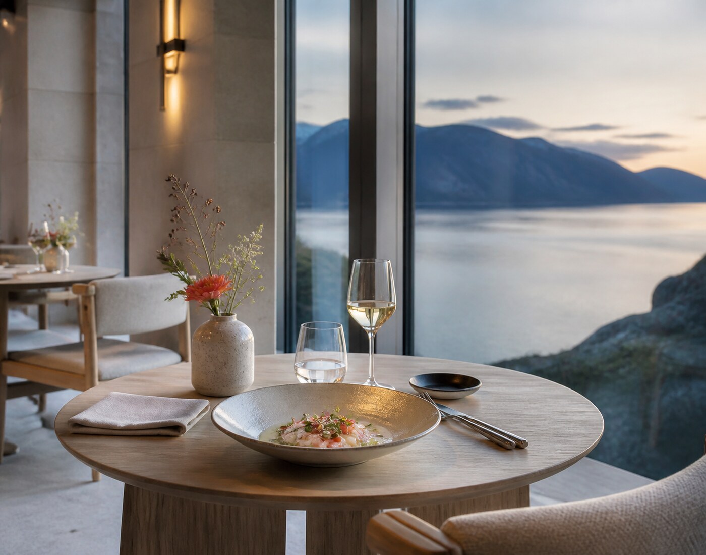 Raffinert servering ved store vinduer mot fjorden
